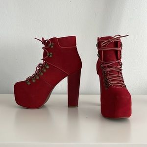 *RARE* Jeffrey Campbell Red Suede Leather “Everest” Lace Up Ankle Boots